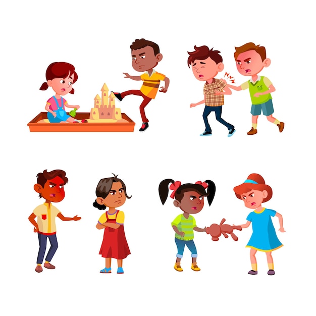 Kids Aggression Fighting And Bullying Set Vector. Brother And Sister Quarrel, Bully Boy Destroying Sandy Castle And Kicking Schoolboy, Children Aggression. Characters Flat Cartoon Illustrations