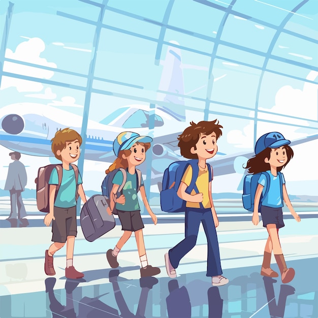 Vector kids at airport illustration traveling children in airport vector art