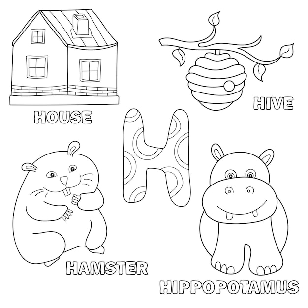 Kids alphabet coloring book page with outlined clip arts. Letter H - hamster, house, hive, hippo