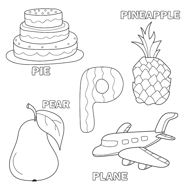 Kids alphabet coloring book page with outlined clip arts. Letter P - pie, pear, pineapple, plane