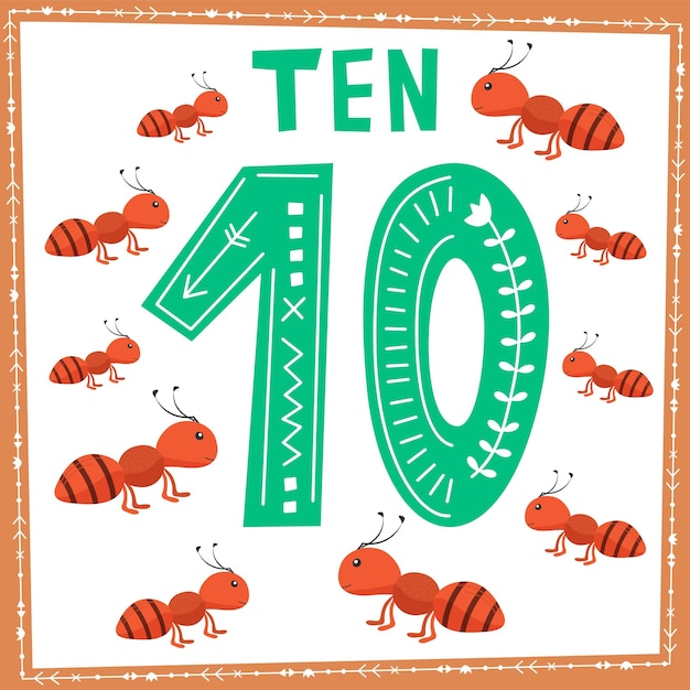 Kids Animals Cartoon with All Numbers Vector Illustration Isolated Image on White Background 10 ants