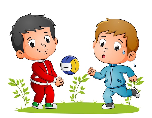 The kids are doing the sport with playing the volleyball and running in the garden of illustration