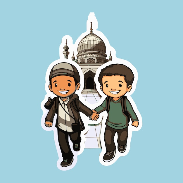 Vector kids are going to mosque for ramadan sticker