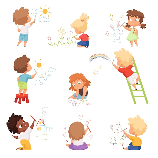 Kids artists. Childrens playing and drawing painting with colored crayons on paper  funny cute characters. Illustration drawing cartoon, playing children