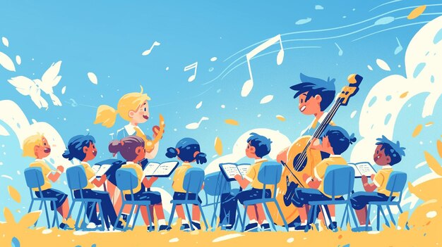 Vector kids attending music class for the first time