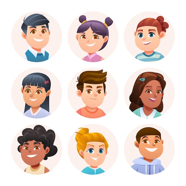 Kids avatar characters collection Boy and girl avatars in cartoon style