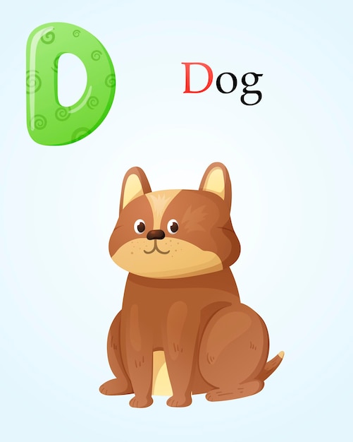 Kids banner template with english alphabet letter D and cartoon image of a cute sitting dog pet