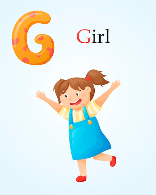 Kids banner template with english alphabet letter G and cartoon image of a cheerful and playful baby girl