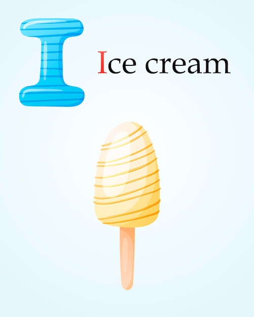 Kids banner template with english alphabet letter I and cartoon image of glazed vanilla ice cream on a stick