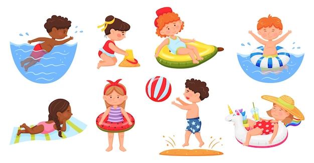 Kids on beach boys and girls in swimsuits swimming in sea building sandcastle vector set