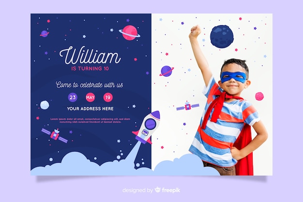 Kids birthday invitation template with photo