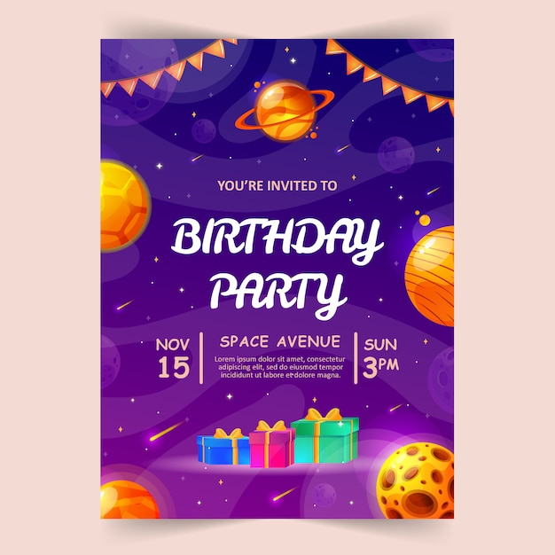 Kids birthday party invitation card with cute little planets and ufo. Space, universe and sky background.