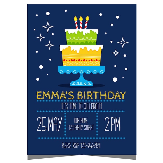 Kids birthday party invitation with big cake and candles on the background