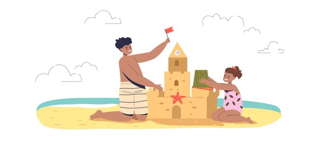 Vector kids building sand castle at beach. happy small children playing together outdoors have fun on summer vacation holiday at sea. cartoon flat vector illustration