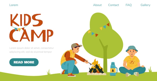 Kids camp banner design with children at campfire flat vector illustration