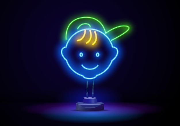 Kids camp neon sign glowing neon inscription with baby faces of girl and boy on blue brick backgroun