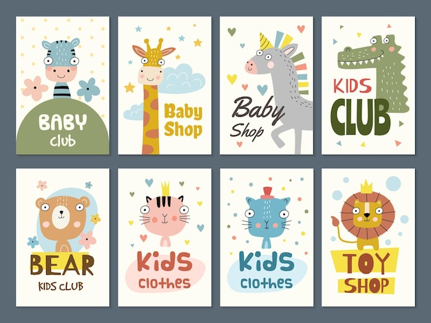 Vector kids cards birthday placards holiday invitation templates children funny symbols with place for text recent vector collection set