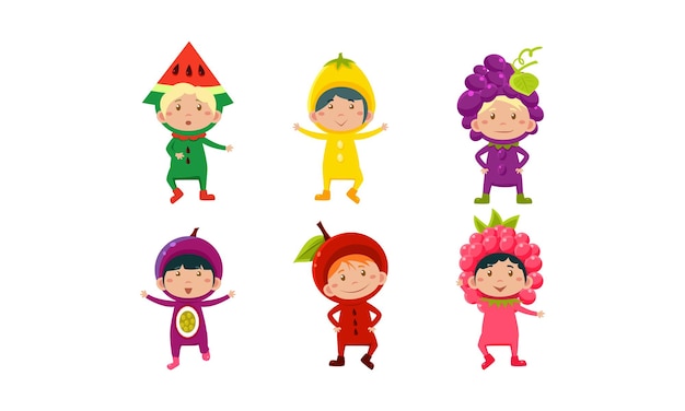 Kids in carnival clothes set cute little boys and girls wearing fruits and berriess costumes vector Illustration isolated on a white background