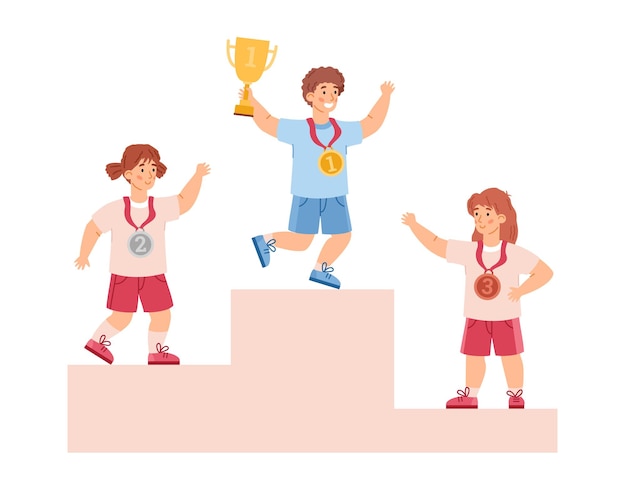 Kids champions on pedestal with trophy cups flat vector illustration isolated