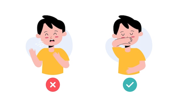 Kids Character Catching Flu Kids Coughing and Sneezing in Right and Wrong Way Illustration