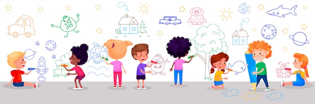 Kids characters are drawing on white walls. Children international day. Summer children activities. illustrations.