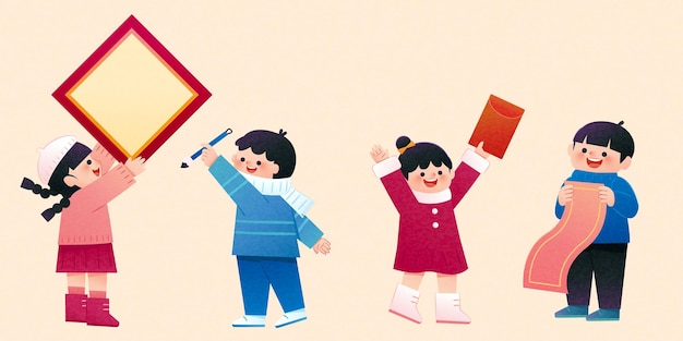 Kids characters set for CNY Little boys and girls doing different activities on Spring Festival including writing calligraphy hanging couplet and receiving red envelope