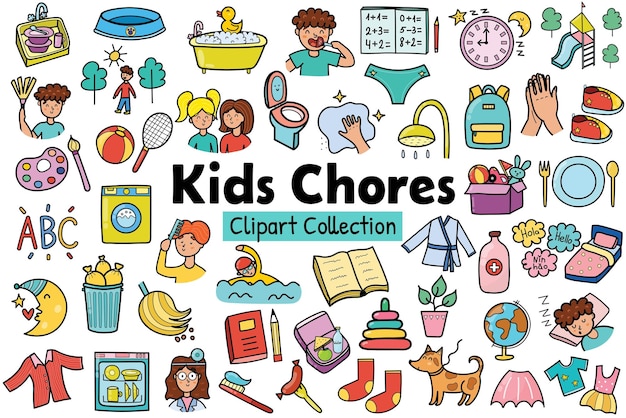 Kids chores clipart collection Daily routine icons set Tasks stickers for creating reward chart