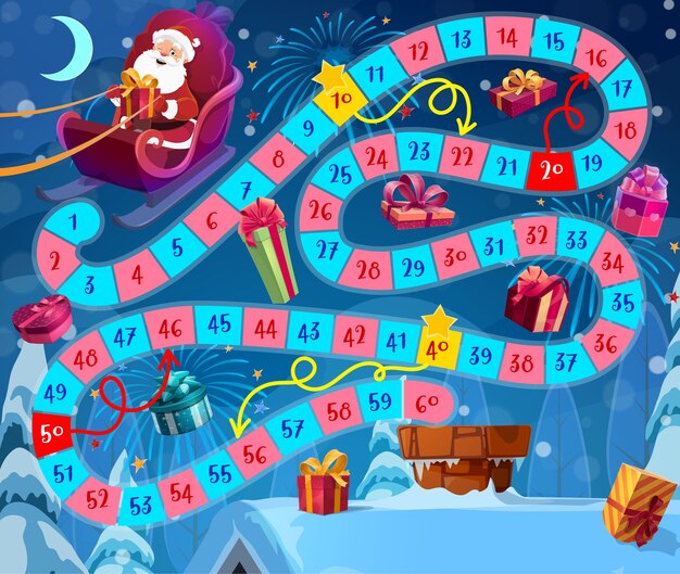 Vector kids christmas board game with santa claus and gifts. santa flying in sleigh, delivering and dropping presents in house chimney cartoon . children roll and move game with winding path or way