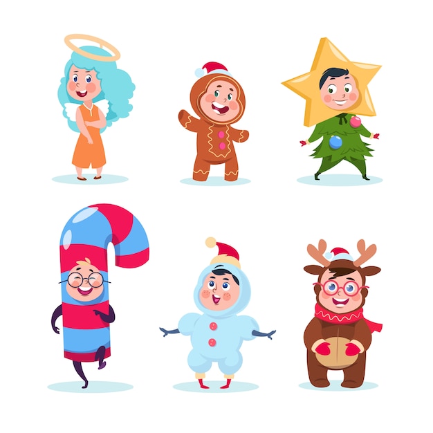 Kids in christmas costumes. Funny children celebrating xmas and winter holidays. 