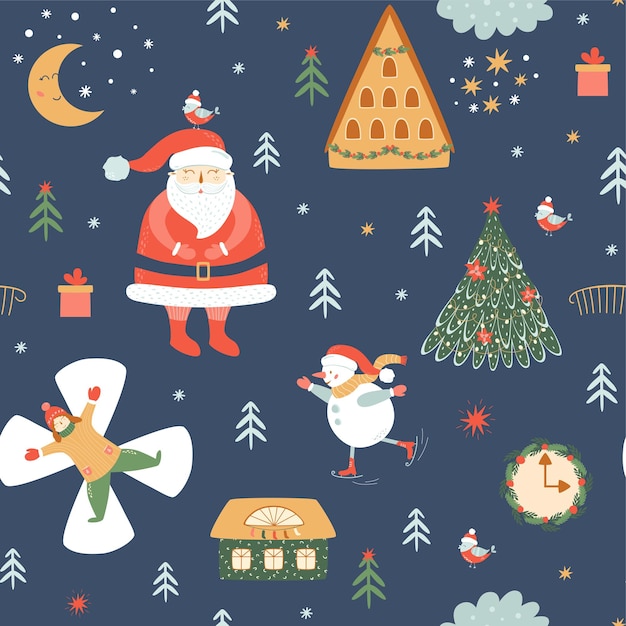 Kids christmas pattern Cute Santa seamless pattern Baby wallpaper Santa winter house moon girl make snow angel