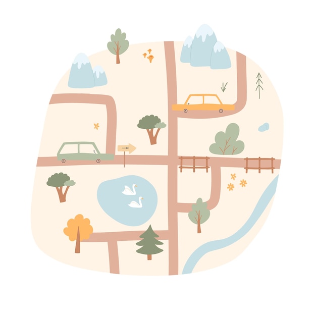 Kids city map Vector illustration of a city map with cars mountains trees