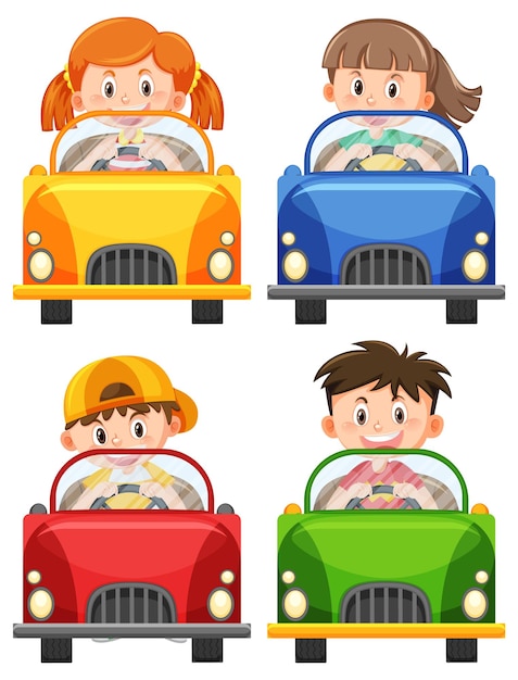 Kids in classic car toys in cartoon design