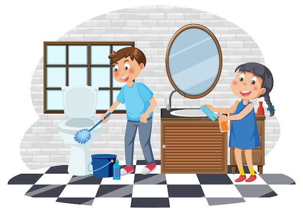 Kids cleaning toilet vector