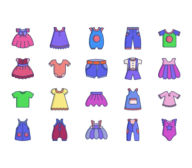 Kids Clothing and dress icon set