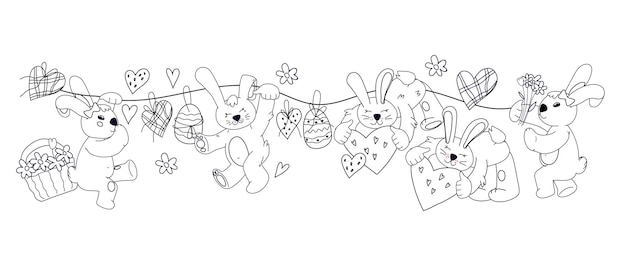 Kids coloring book page design with cute Easter bunnies or rabbits vector