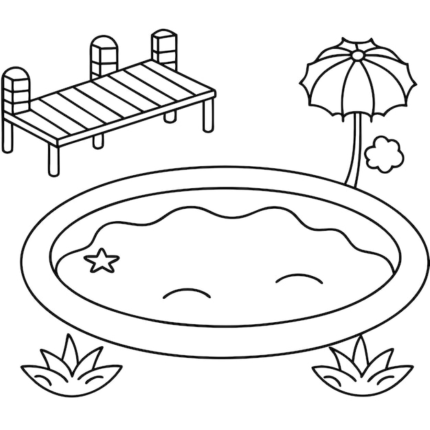 Kids coloring page featuring an isolated swimming pool on a white background