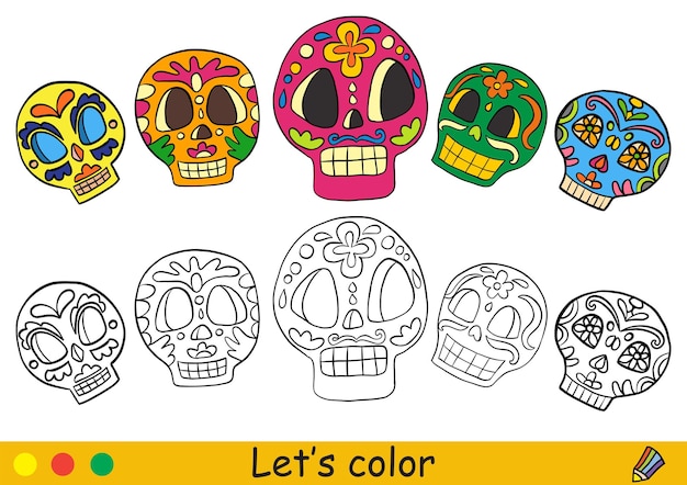 Kids coloring with template a cute halloween sugar skulls