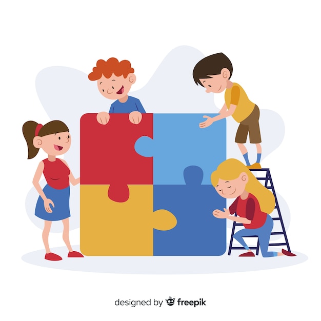 Kids connecting puzzle pieces background