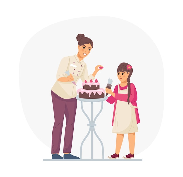 Kids cooking food woman chef decorated cake together with small girl