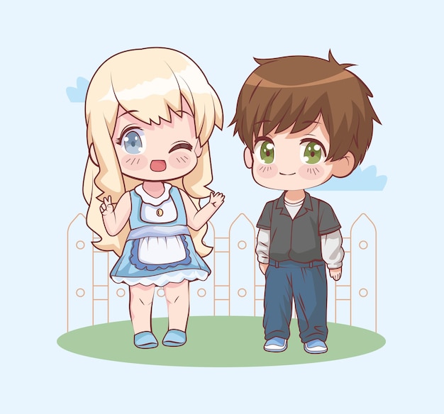 Kids couple anime with fence