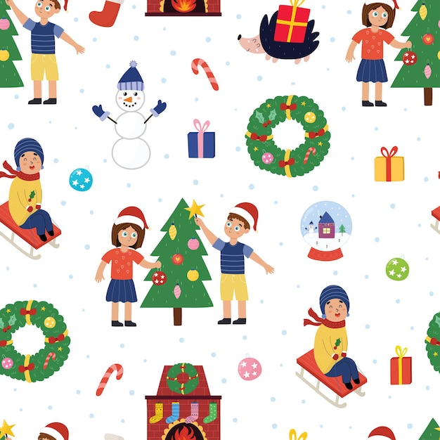 Kids decorating Christmas tree seamless pattern Winter background with girl and boy Xmas holiday