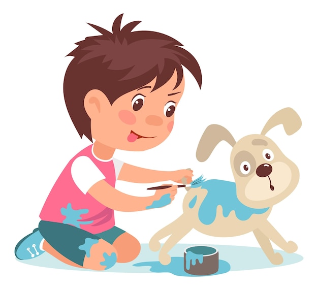 Kids destroy Children bad behavior Naughty boy painting dog Mischievous fidget playing destructive games Unattended hyperactive teenager People bullying animal Vector illustration