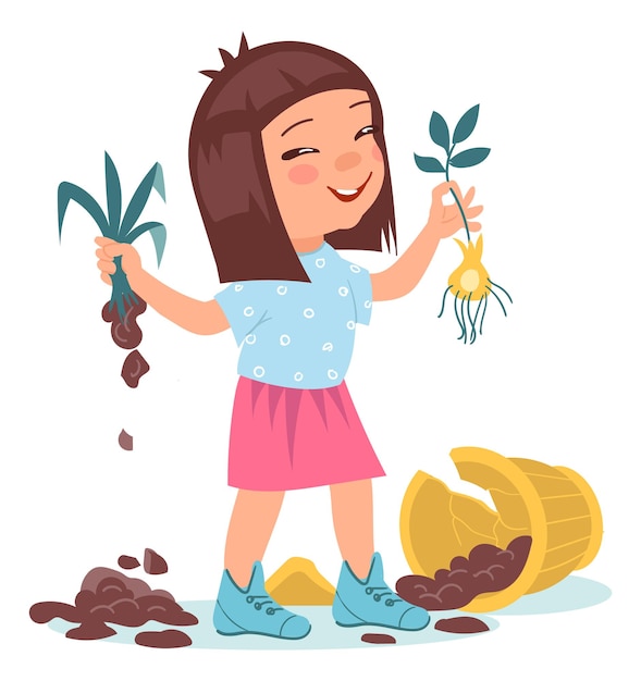 Kids destroy Children bad behavior Naughty girl breaking plant pots Mischievous teenager spoiling houseplants Unattended teen Home damages Destructive game Vector illustration