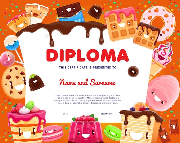 Kids diploma cartoon bakery cookie cake and pie