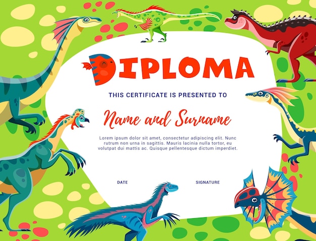 Kids diploma Cartoon dinosaurs certificate