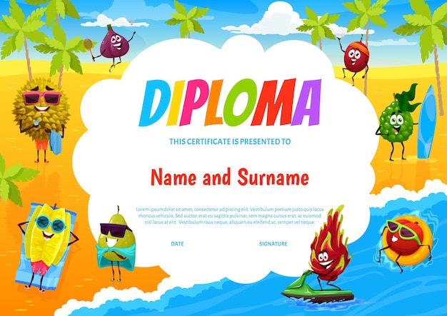 Kids diploma cartoon fruits relax on summer beach