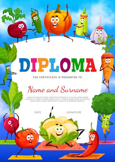 Kids diploma certificate cartoon vegetables on yoga sport Vector border with beetroot cucumber pumpkin and squash or garlic Carrot broccoli chili and cauliflower tomato radish and spinach