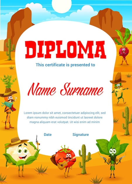 Kids diploma cowboy sheriff cartoon vegetables