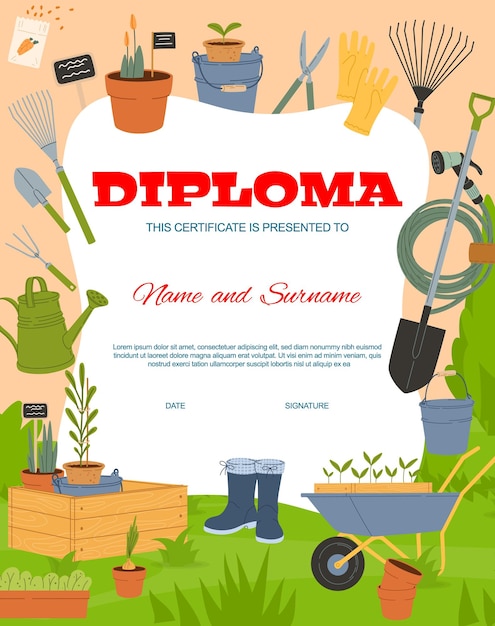 Kids diploma farming gardening tools certificate