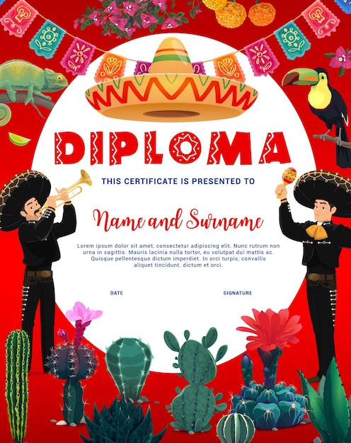 Kids diploma mariachi musicians cactuses toucan